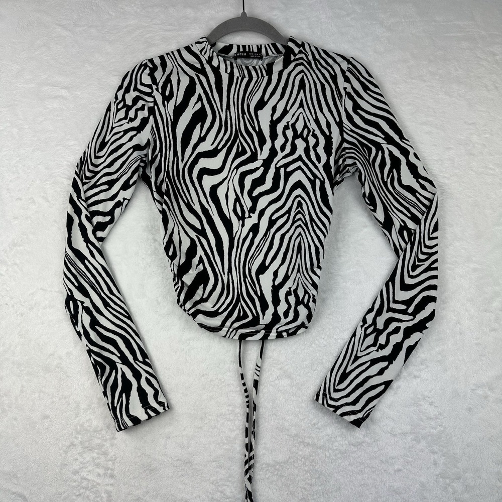 Shein Womens Top M Zebra‎ Open Back Cropped Drawstring Long Sleeve Black White